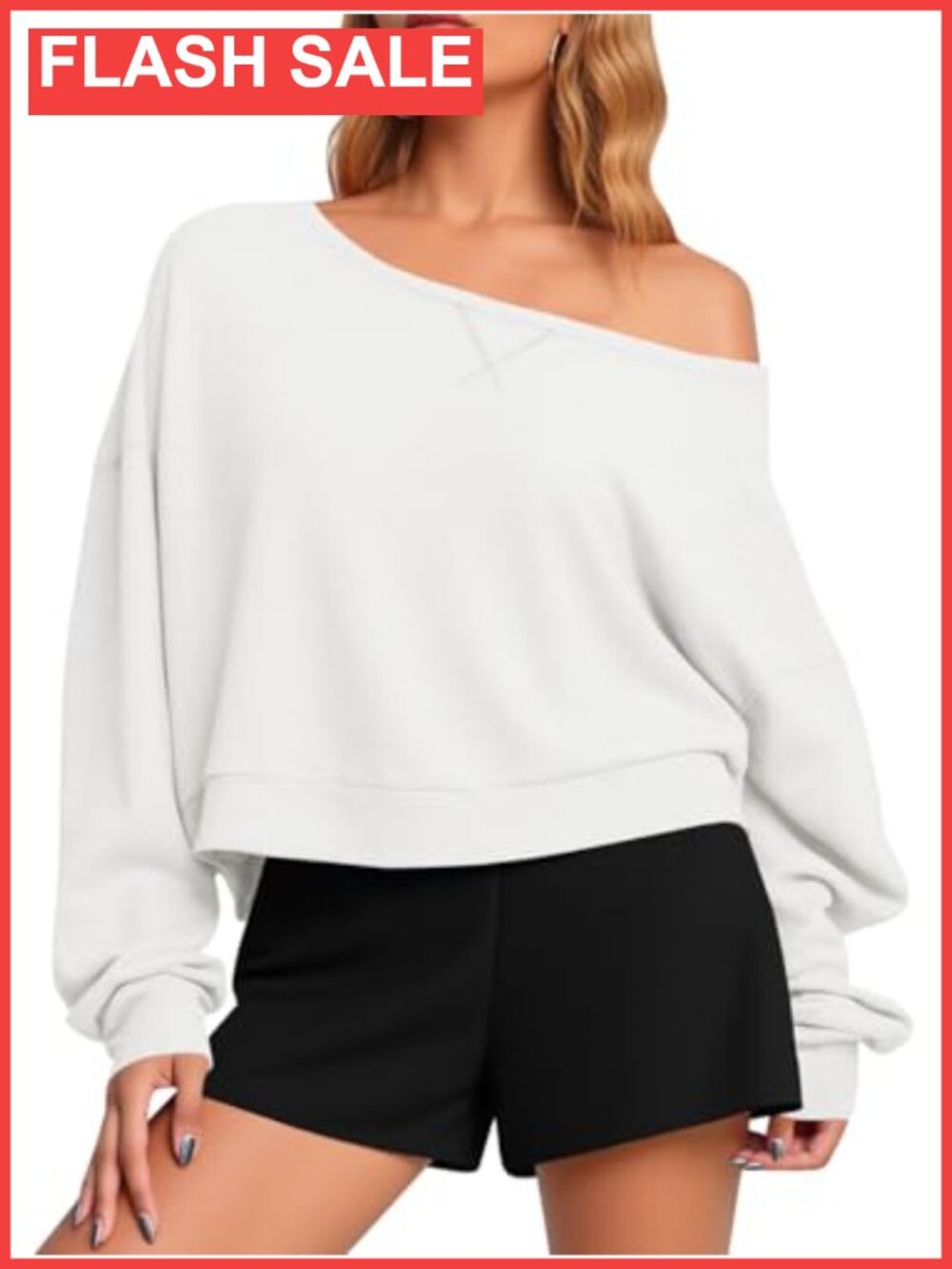 Off Shoulder Crop Top Long Sleeve Oversized Pullover Sweatshirt